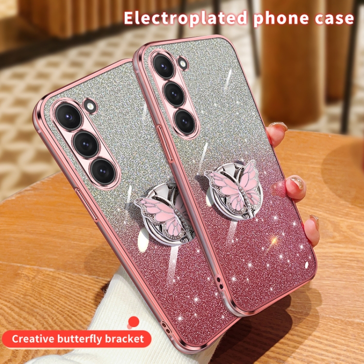 For Samsung Galaxy S23+ 5G Plated Gradient Glitter Butterfly Holder TPU Phone Case(Sierra Blue)
