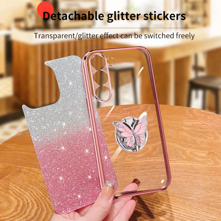 For Samsung Galaxy S23+ 5G Plated Gradient Glitter Butterfly Holder TPU Phone Case(Sierra Blue)