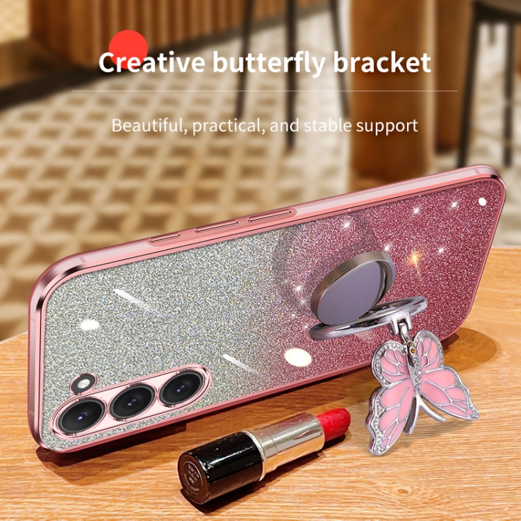 For Samsung Galaxy S23+ 5G Plated Gradient Glitter Butterfly Holder TPU Phone Case(Sierra Blue)