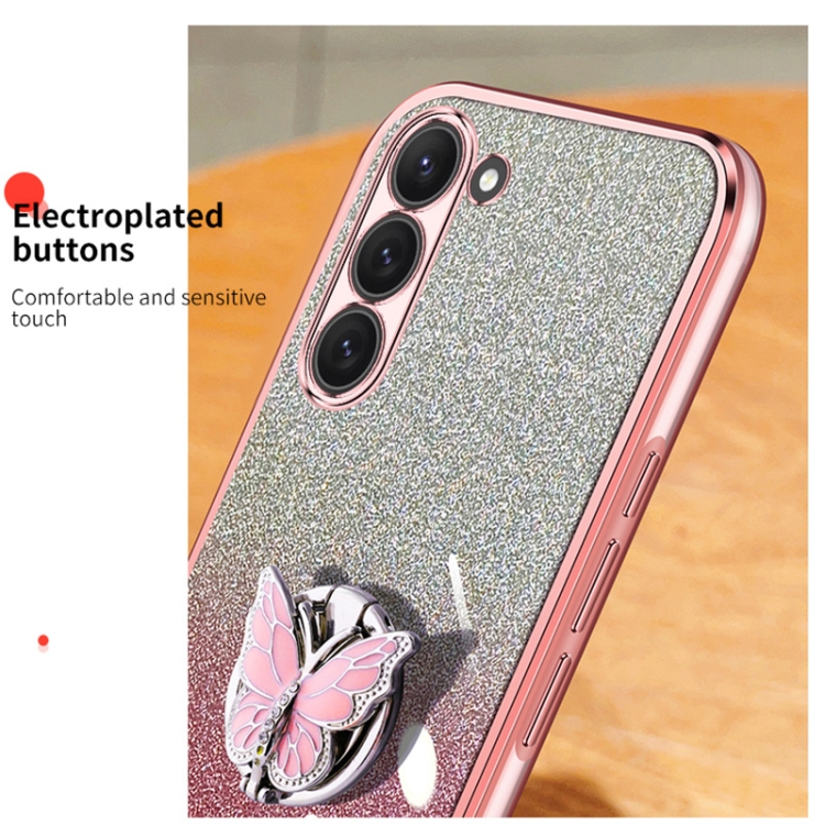 For Samsung Galaxy S23+ 5G Plated Gradient Glitter Butterfly Holder TPU Phone Case(Sierra Blue)