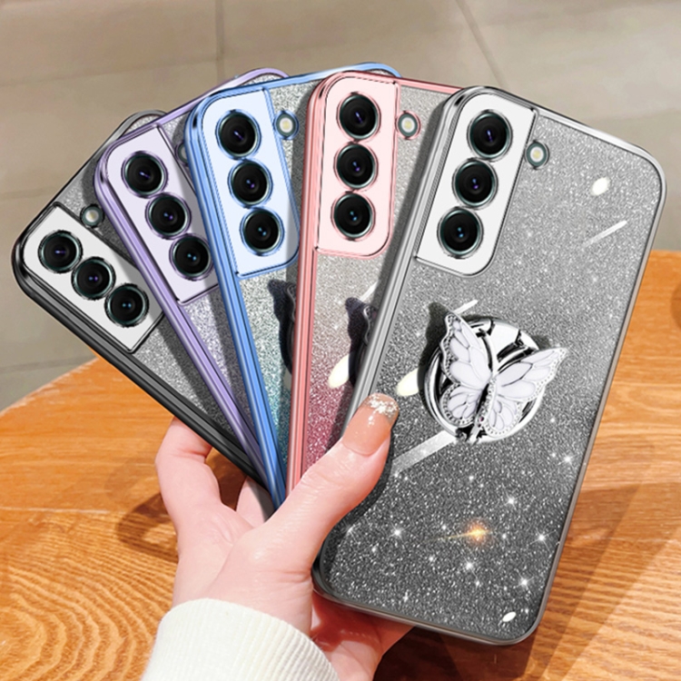 For Samsung Galaxy S22+ 5G Plated Gradient Glitter Butterfly Holder TPU Phone Case(Silver) For Samsung Galaxy S22+ 5G Plated Gradient Glitter Butterfly Holder TPU Phone Case(Silver)
