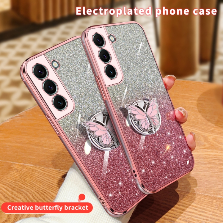For Samsung Galaxy S22+ 5G Plated Gradient Glitter Butterfly Holder TPU Phone Case(Silver) For Samsung Galaxy S22+ 5G Plated Gradient Glitter Butterfly Holder TPU Phone Case(Silver)