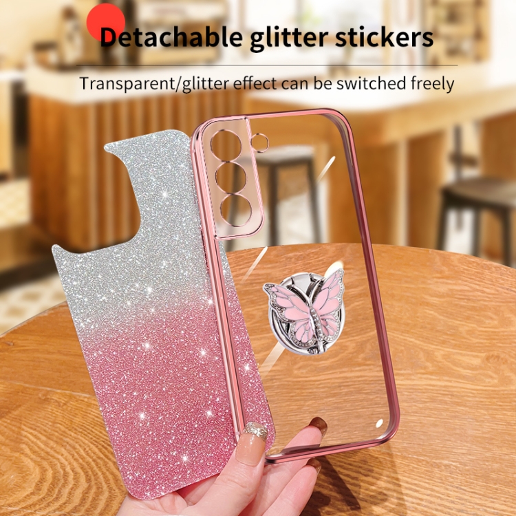 For Samsung Galaxy S22+ 5G Plated Gradient Glitter Butterfly Holder TPU Phone Case(Silver) For Samsung Galaxy S22+ 5G Plated Gradient Glitter Butterfly Holder TPU Phone Case(Silver)
