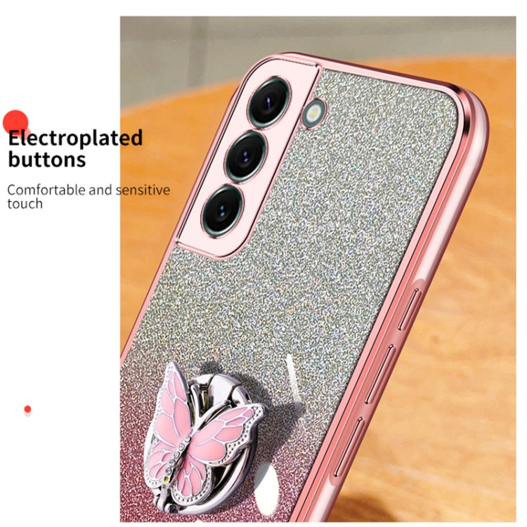 For Samsung Galaxy S22+ 5G Plated Gradient Glitter Butterfly Holder TPU Phone Case(Silver) For Samsung Galaxy S22+ 5G Plated Gradient Glitter Butterfly Holder TPU Phone Case(Silver)