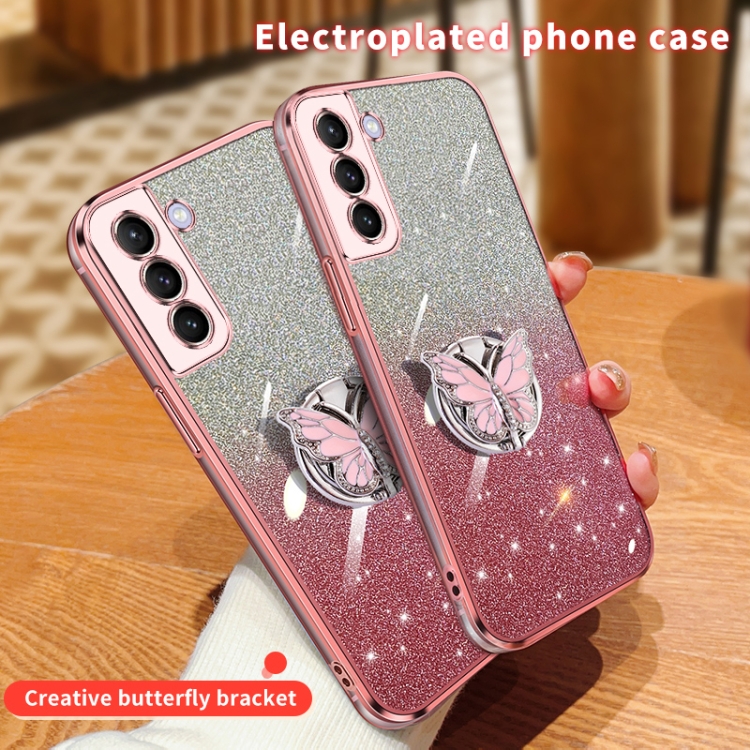 For Samsung Galaxy S21 5G Plated Gradient Glitter Butterfly Holder TPU Phone Case(Pink)