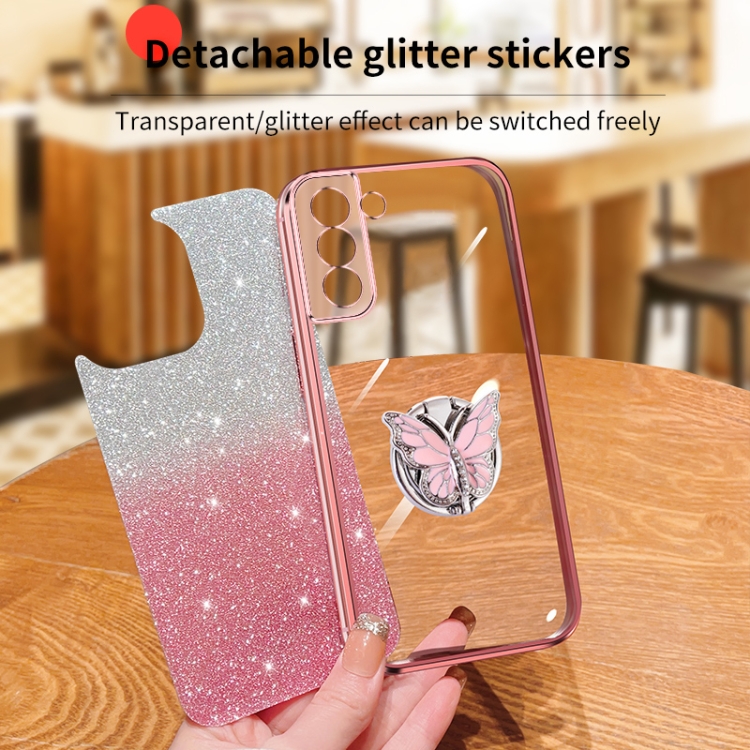 For Samsung Galaxy S21 5G Plated Gradient Glitter Butterfly Holder TPU Phone Case(Pink)