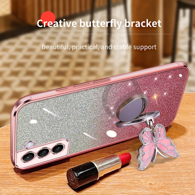 For Samsung Galaxy S21 5G Plated Gradient Glitter Butterfly Holder TPU Phone Case(Pink)