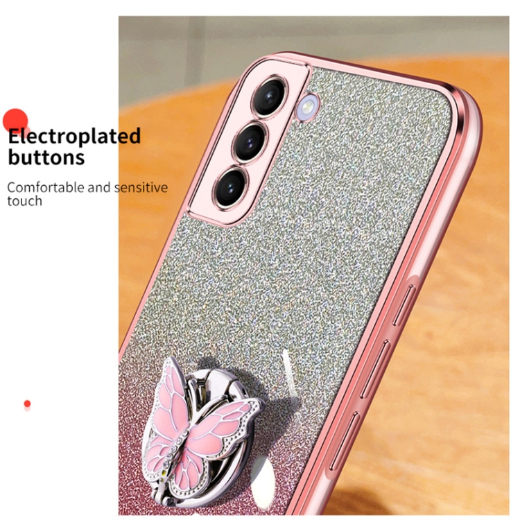 For Samsung Galaxy S21 5G Plated Gradient Glitter Butterfly Holder TPU Phone Case(Pink)