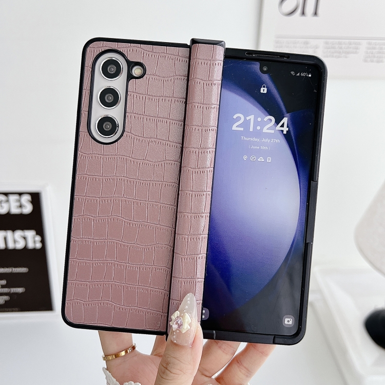 For Samsung Galaxy Z Fold6 5G Crocodile Pattern PC Foldable Phone Case with Hinge(Pink Purple)