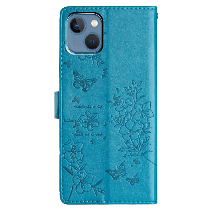 For iPhone 13 mini Butterflies and Flowers Leather Phone Case(Blue) For iPhone 13 mini Butterflies and Flowers Leather Phone Case(Blue)