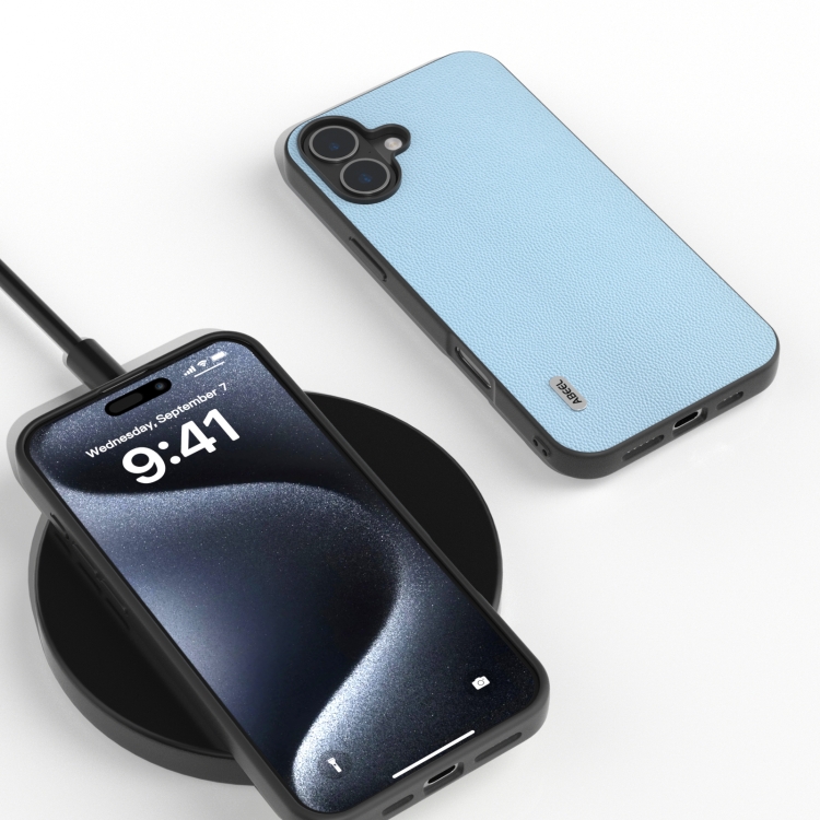 For iPhone 16 Plus ABEEL Black Frame Genuine Leather Elegant Phone Case(Sky Blue) For iPhone 16 Plus ABEEL Black Frame Genuine Leather Elegant Phone Case(Sky Blue)