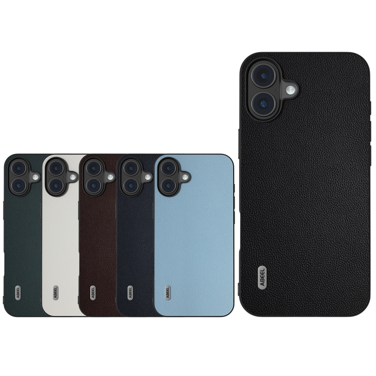 For iPhone 16 ABEEL Black Frame Genuine Leather Elegant Phone Case(Blue) For iPhone 16 ABEEL Black Frame Genuine Leather Elegant Phone Case(Blue)