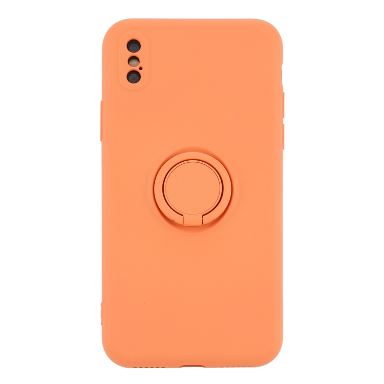 For iPhone XS Max Solid Color Liquid Silicone Shockproof Full Coverage Protective Case with Ring Holder(Orange)