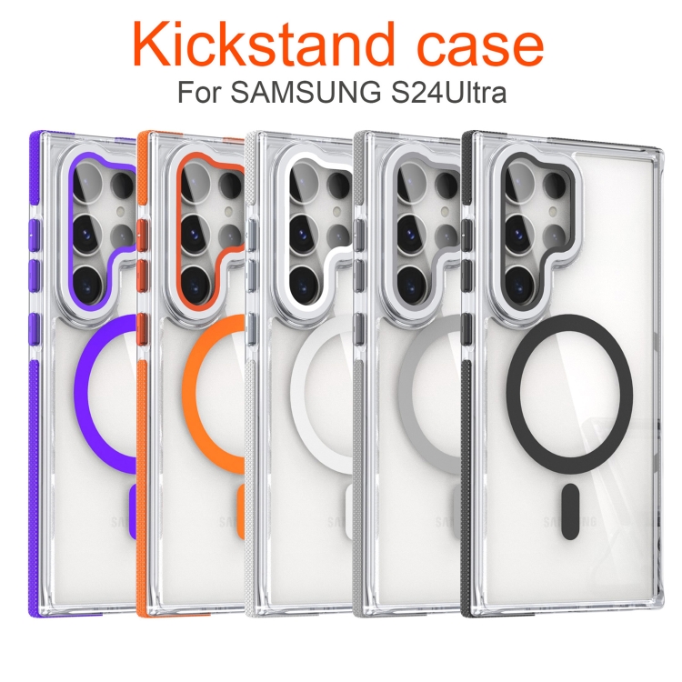 For Samsung Galaxy S24 Ultra 5G Dual-Color Clear Acrylic Hybrid TPU MagSafe Lens Film Phone Case with Holder(Orange) For Samsung Galaxy S24 Ultra 5G Dual-Color Clear Acrylic Hybrid TPU MagSafe Lens Film Phone Case with Holder(Orange)