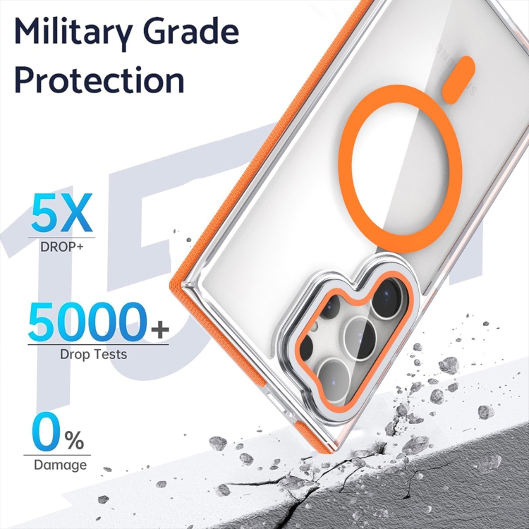 For Samsung Galaxy S24 Ultra 5G Dual-Color Clear Acrylic Hybrid TPU MagSafe Lens Film Phone Case with Holder(Orange) For Samsung Galaxy S24 Ultra 5G Dual-Color Clear Acrylic Hybrid TPU MagSafe Lens Film Phone Case with Holder(Orange)