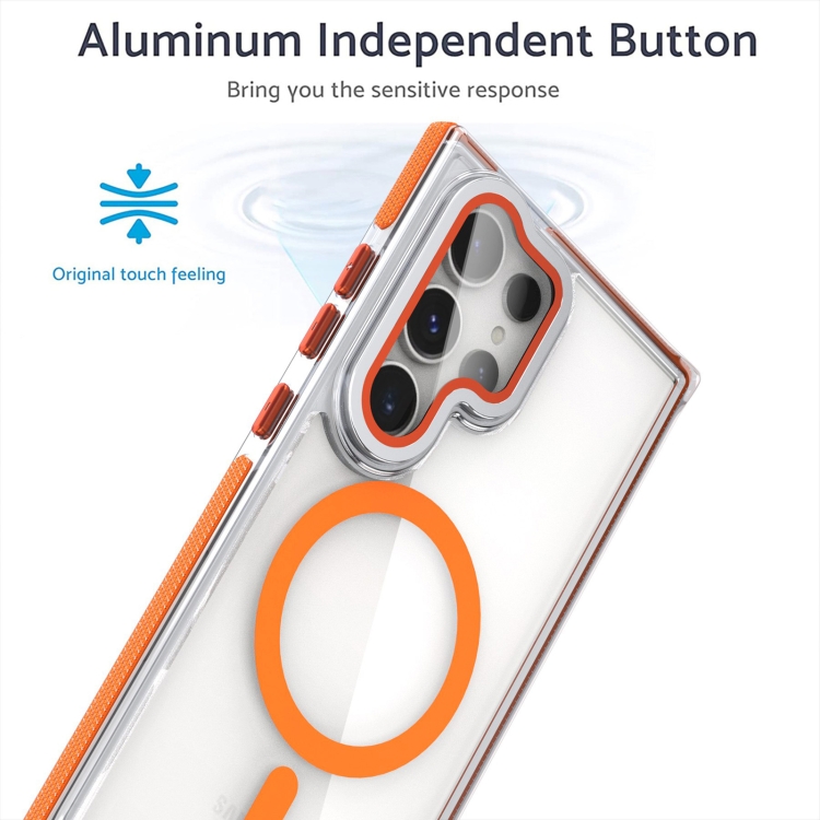 For Samsung Galaxy S24 Ultra 5G Dual-Color Clear Acrylic Hybrid TPU MagSafe Lens Film Phone Case with Holder(Orange) For Samsung Galaxy S24 Ultra 5G Dual-Color Clear Acrylic Hybrid TPU MagSafe Lens Film Phone Case with Holder(Orange)