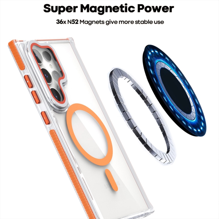 For Samsung Galaxy S24 Ultra 5G Dual-Color Clear Acrylic Hybrid TPU MagSafe Lens Film Phone Case with Holder(Orange) For Samsung Galaxy S24 Ultra 5G Dual-Color Clear Acrylic Hybrid TPU MagSafe Lens Film Phone Case with Holder(Orange)