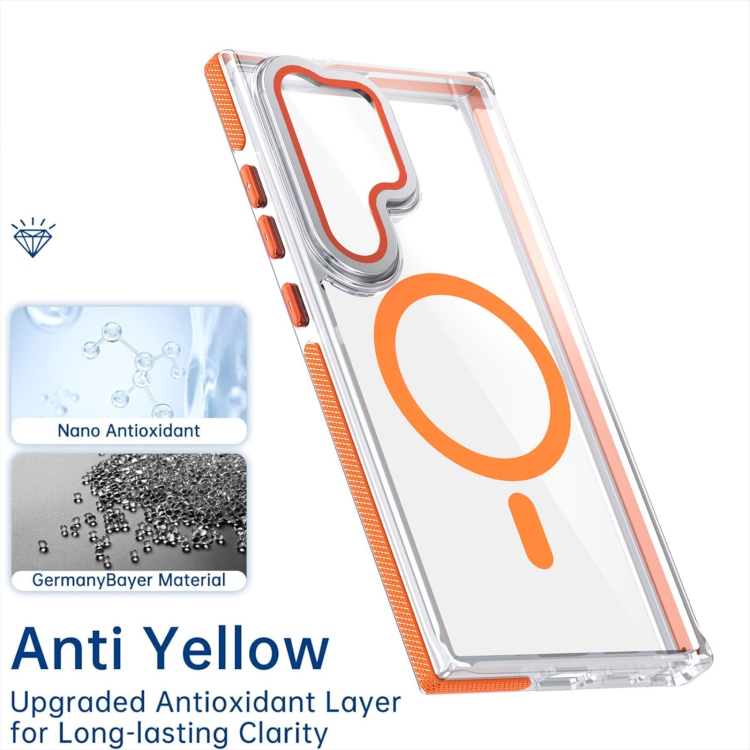 For Samsung Galaxy S24 Ultra 5G Dual-Color Clear Acrylic Hybrid TPU MagSafe Lens Film Phone Case with Holder(Orange) For Samsung Galaxy S24 Ultra 5G Dual-Color Clear Acrylic Hybrid TPU MagSafe Lens Film Phone Case with Holder(Orange)