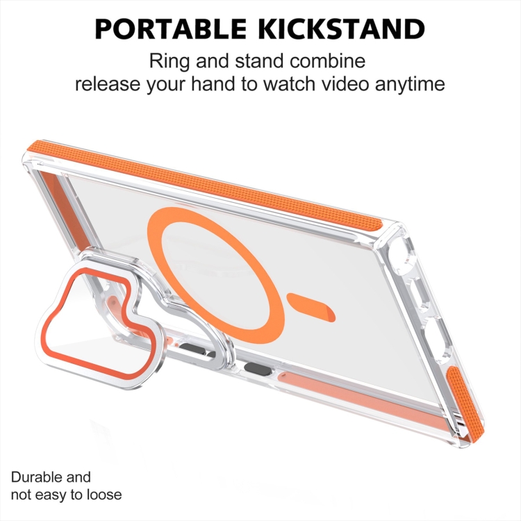 For Samsung Galaxy S24 Ultra 5G Dual-Color Clear Acrylic Hybrid TPU MagSafe Lens Film Phone Case with Holder(Orange) For Samsung Galaxy S24 Ultra 5G Dual-Color Clear Acrylic Hybrid TPU MagSafe Lens Film Phone Case with Holder(Orange)