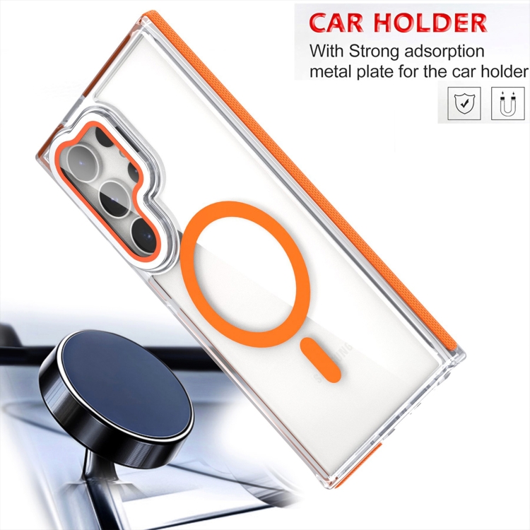 For Samsung Galaxy S24 Ultra 5G Dual-Color Clear Acrylic Hybrid TPU MagSafe Lens Film Phone Case with Holder(Orange) For Samsung Galaxy S24 Ultra 5G Dual-Color Clear Acrylic Hybrid TPU MagSafe Lens Film Phone Case with Holder(Orange)