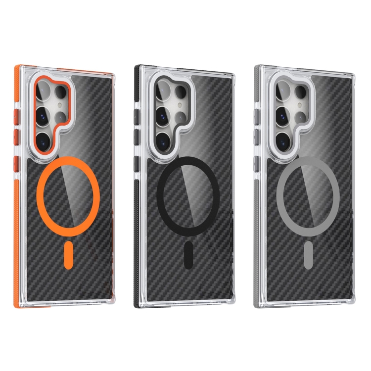 For Samsung Galaxy S24 Ultra 5G Magsafe Dual-Color Carbon Fiber Lens Film Phone Case with Lens Fold Holder(Orange) For Samsung Galaxy S24 Ultra 5G Magsafe Dual-Color Carbon Fiber Lens Film Phone Case with Lens Fold Holder(Orange)