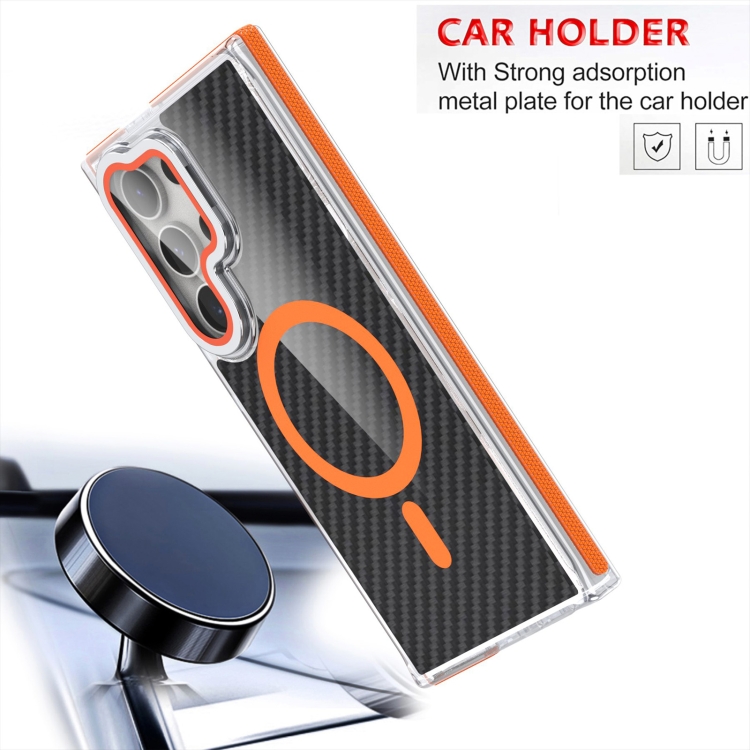 For Samsung Galaxy S24 Ultra 5G Magsafe Dual-Color Carbon Fiber Lens Film Phone Case with Lens Fold Holder(Orange) For Samsung Galaxy S24 Ultra 5G Magsafe Dual-Color Carbon Fiber Lens Film Phone Case with Lens Fold Holder(Orange)