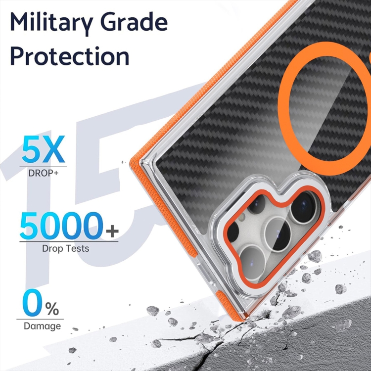 For Samsung Galaxy S24 Ultra 5G Magsafe Dual-Color Carbon Fiber Lens Film Phone Case with Lens Fold Holder(Orange) For Samsung Galaxy S24 Ultra 5G Magsafe Dual-Color Carbon Fiber Lens Film Phone Case with Lens Fold Holder(Orange)