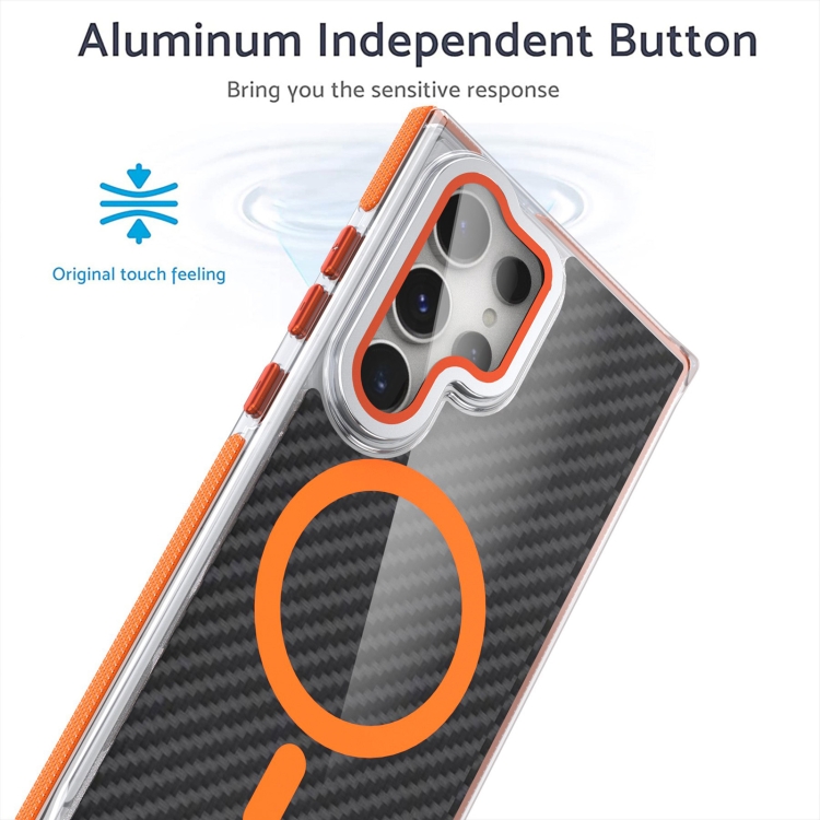 For Samsung Galaxy S24 Ultra 5G Magsafe Dual-Color Carbon Fiber Lens Film Phone Case with Lens Fold Holder(Orange) For Samsung Galaxy S24 Ultra 5G Magsafe Dual-Color Carbon Fiber Lens Film Phone Case with Lens Fold Holder(Orange)