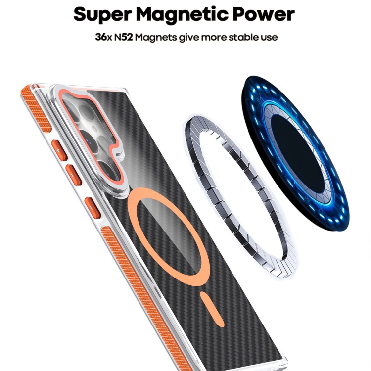 For Samsung Galaxy S24 Ultra 5G Magsafe Dual-Color Carbon Fiber Lens Film Phone Case with Lens Fold Holder(Orange) For Samsung Galaxy S24 Ultra 5G Magsafe Dual-Color Carbon Fiber Lens Film Phone Case with Lens Fold Holder(Orange)