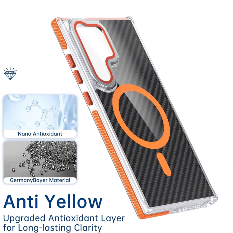 For Samsung Galaxy S24 Ultra 5G Magsafe Dual-Color Carbon Fiber Lens Film Phone Case with Lens Fold Holder(Orange) For Samsung Galaxy S24 Ultra 5G Magsafe Dual-Color Carbon Fiber Lens Film Phone Case with Lens Fold Holder(Orange)