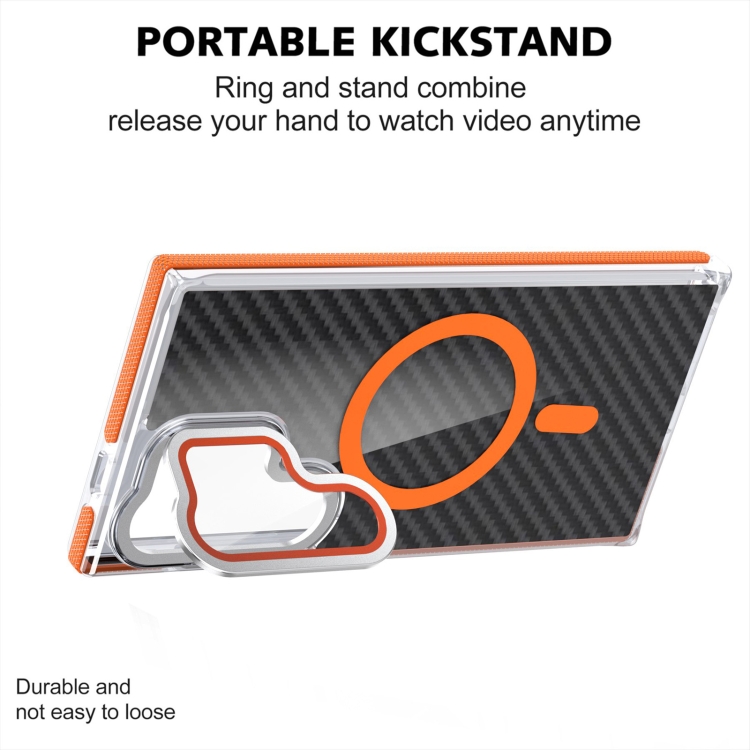 For Samsung Galaxy S24 Ultra 5G Magsafe Dual-Color Carbon Fiber Lens Film Phone Case with Lens Fold Holder(Orange) For Samsung Galaxy S24 Ultra 5G Magsafe Dual-Color Carbon Fiber Lens Film Phone Case with Lens Fold Holder(Orange)