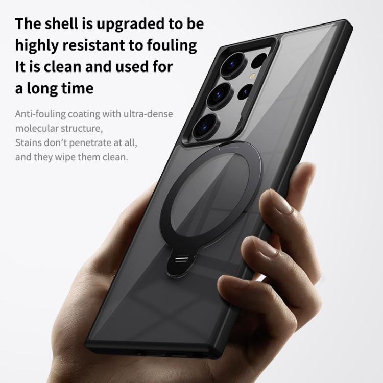 For Samsung Galaxy S23 Ultra 5G Transparent MagSafe Magnetic Rotating Ring Holder Phone Case(Black)