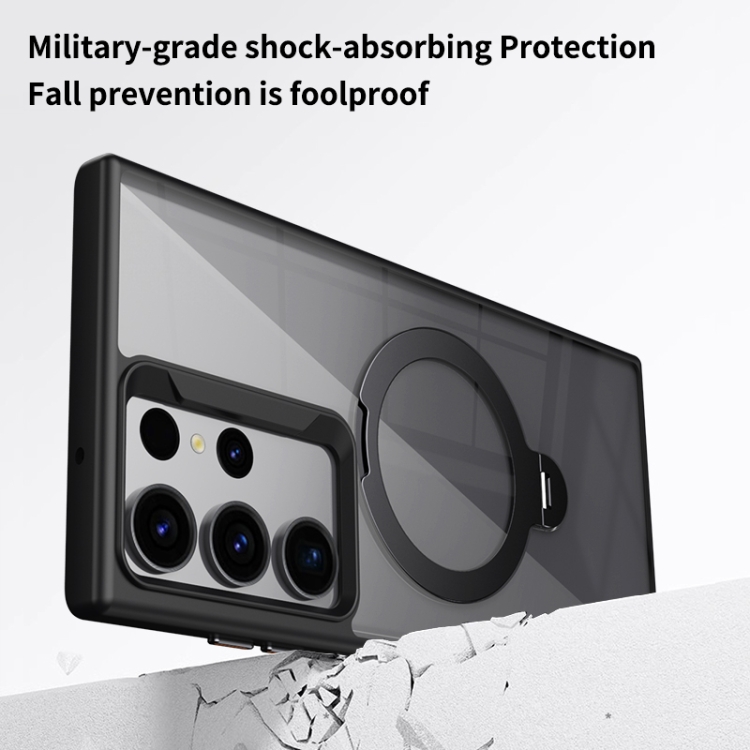 For Samsung Galaxy S23 Ultra 5G Transparent MagSafe Magnetic Rotating Ring Holder Phone Case(Black)