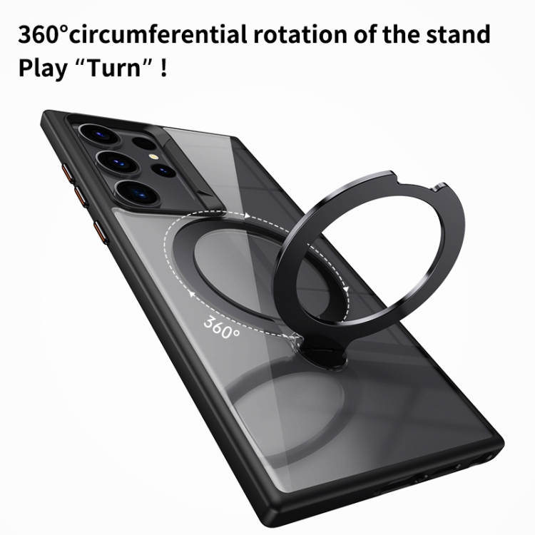 For Samsung Galaxy S23 Ultra 5G Transparent MagSafe Magnetic Rotating Ring Holder Phone Case(Black)