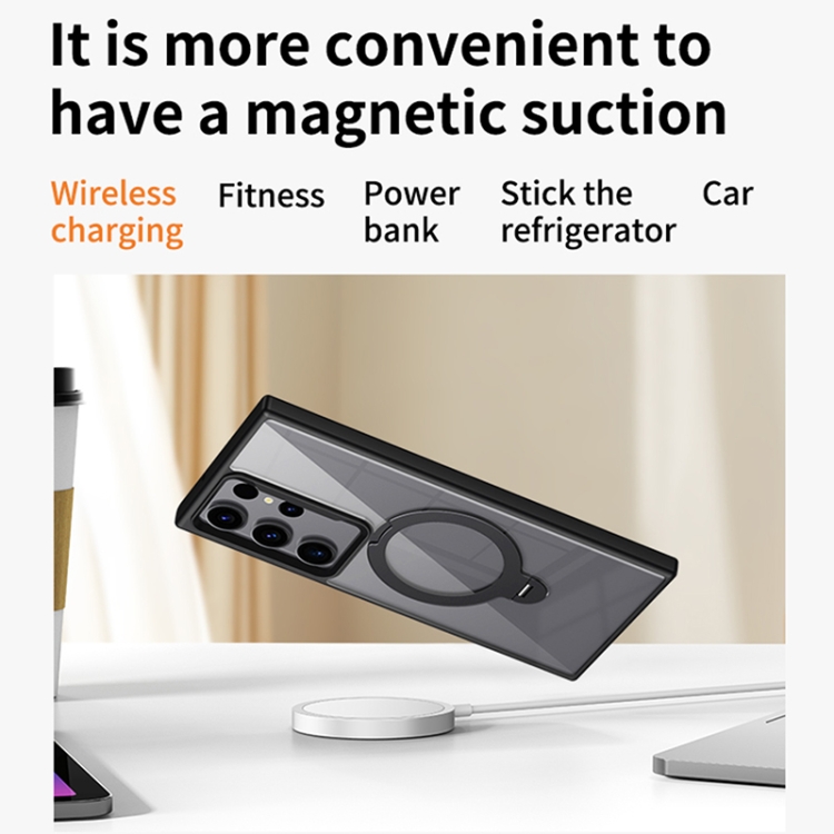 For Samsung Galaxy S23 Ultra 5G Transparent MagSafe Magnetic Rotating Ring Holder Phone Case(Black)