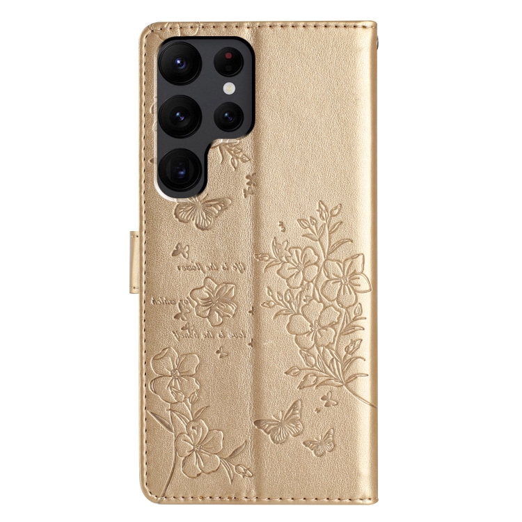 For Samsung Galaxy S24 Ultra 5G Butterflies and Flowers Leather Phone Case(Gold) For Samsung Galaxy S24 Ultra 5G Butterflies and Flowers Leather Phone Case(Gold)