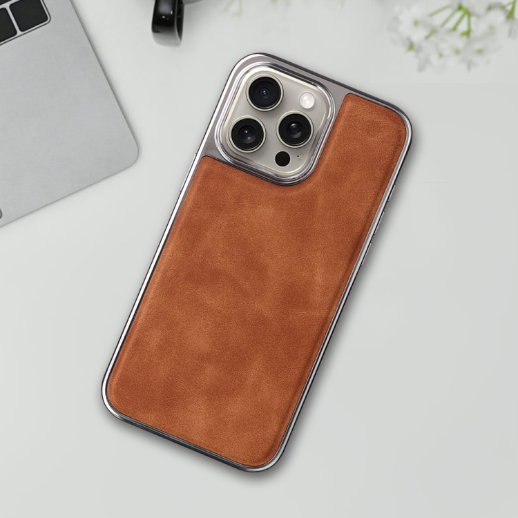 For iPhone 15 Pro Electroplated Side PU Hybrid TPU MagSafe Phone Case(Brown) For iPhone 15 Pro Electroplated Side PU Hybrid TPU MagSafe Phone Case(Brown)
