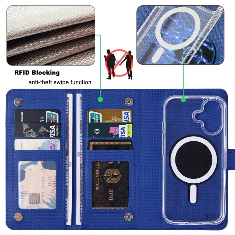 For iPhone 15 ViLi GHA-C Series RFID MagSafe Magnetic Flip Leather Phone Case(Blue)