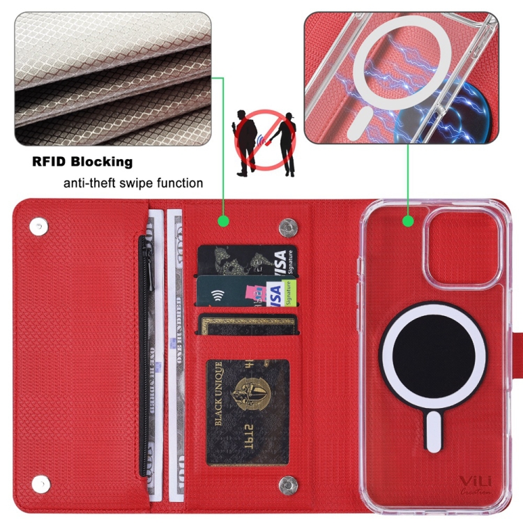 For iPhone 16 Pro ViLi GHB-C Series RFID MagSafe Magnetic Flip Leather Phone Case(Red) For iPhone 16 Pro ViLi GHB-C Series RFID MagSafe Magnetic Flip Leather Phone Case(Red)