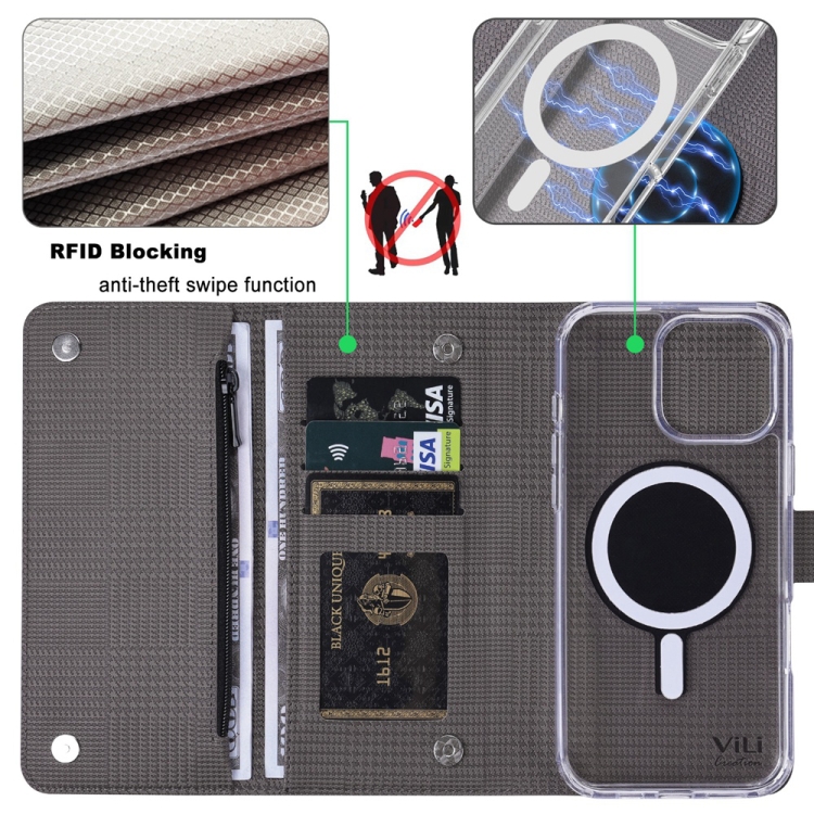 For iPhone 14 ViLi GHB-C Series RFID MagSafe Magnetic Flip Leather Phone Case(Grey) - 5