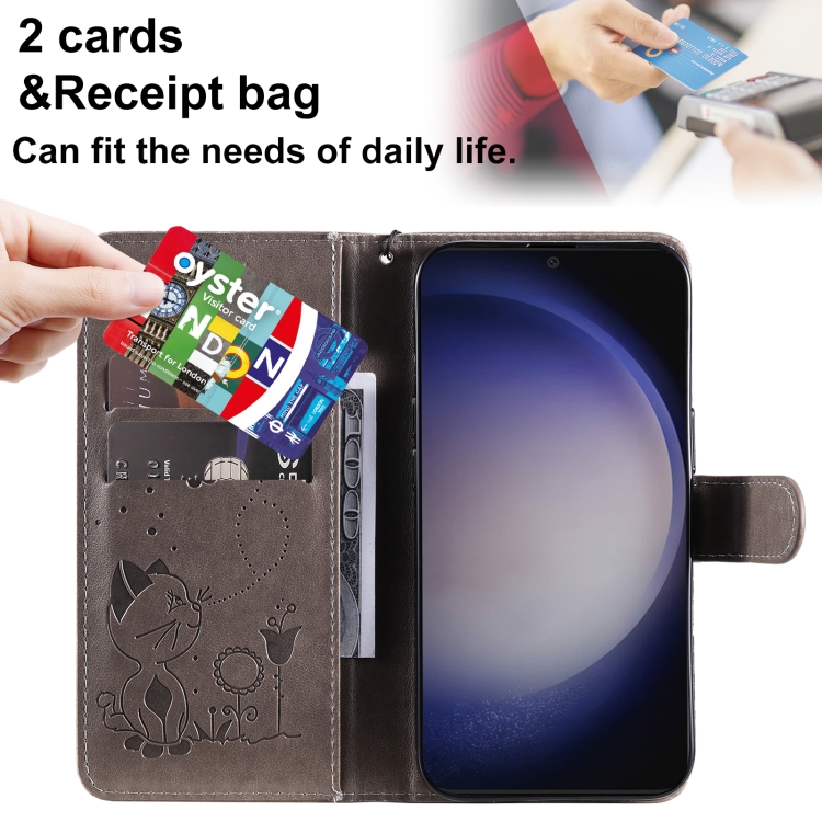 For Samsung Galaxy S25+ / S24+ 5G Cat and Bee Embossed Flip Leather Phone Case(Grey) For Samsung Galaxy S25+ / S24+ 5G Cat and Bee Embossed Flip Leather Phone Case(Grey)