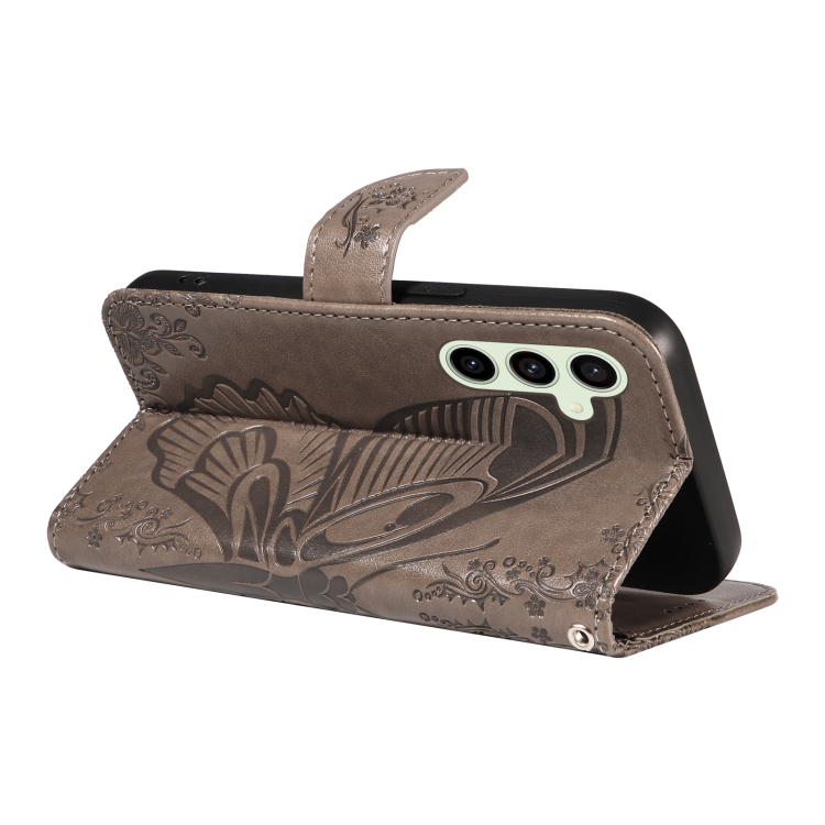 For Samsung Galaxy S24 FE 5G Swallowtail Butterfly Embossed Leather Phone Case(Grey) For Samsung Galaxy S24 FE 5G Swallowtail Butterfly Embossed Leather Phone Case(Grey)