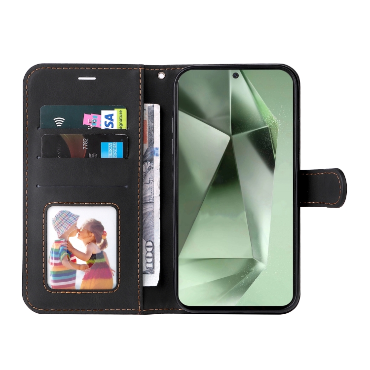 For Samsung Galaxy S24 FE 5G Three Color Splicing Leather Phone Case(Black) For Samsung Galaxy S24 FE 5G Three Color Splicing Leather Phone Case(Black)