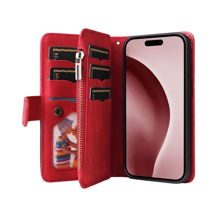 For iPhone 16 Pro Dual-color 9 Card Slots Zipper Wallet Leather Phone Case(Red) For iPhone 16 Pro Dual-color 9 Card Slots Zipper Wallet Leather Phone Case(Red)