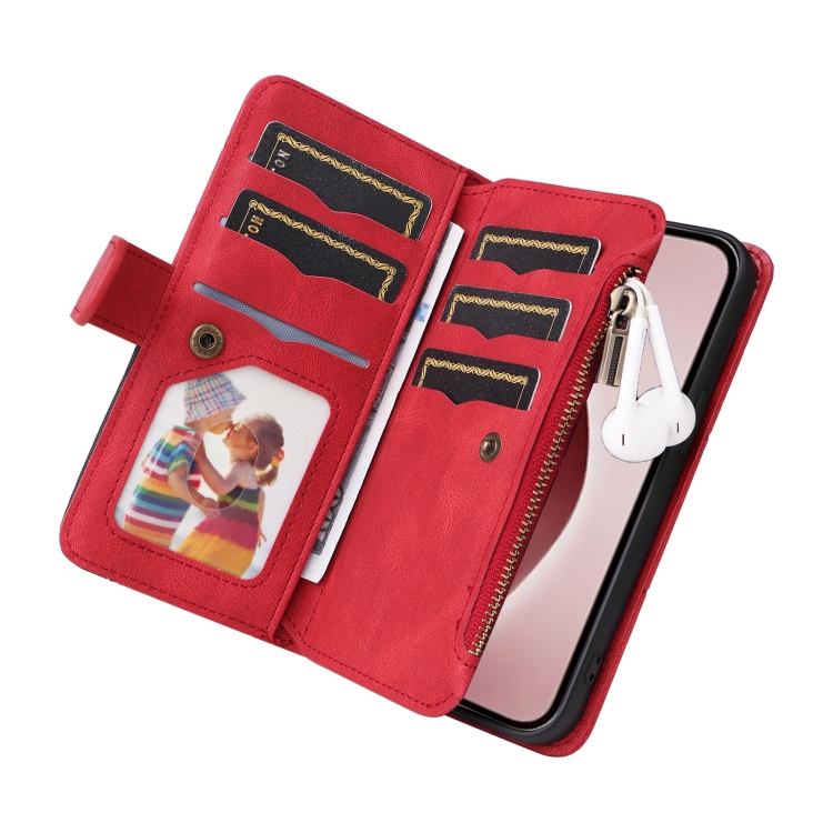 For iPhone 16 Pro Dual-color 9 Card Slots Zipper Wallet Leather Phone Case(Red) For iPhone 16 Pro Dual-color 9 Card Slots Zipper Wallet Leather Phone Case(Red)