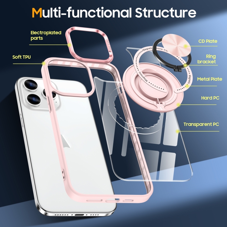 For iPhone 16 Pro Max Magnetic Rotating Ring Holder Phone Case(Pink) For iPhone 16 Pro Max Magnetic Rotating Ring Holder Phone Case(Pink)