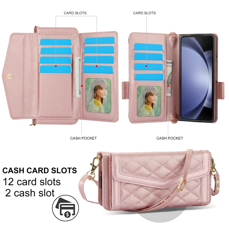 For Samsung Galaxy Z Fold5 Splicing Rhombic Texture Card Holder Phone Case with Lanyard, Not Included Pen(Rose Gold) For Samsung Galaxy Z Fold5 Splicing Rhombic Texture Card Holder Phone Case with Lanyard, Not Included Pen(Rose Gold)