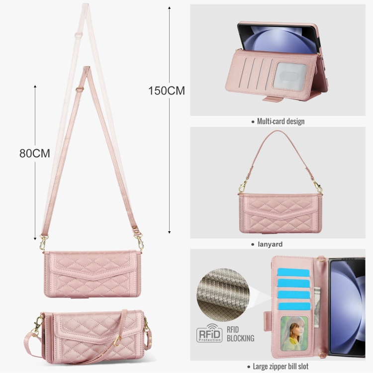 For Samsung Galaxy Z Fold5 Splicing Rhombic Texture Card Holder Phone Case with Lanyard, Not Included Pen(Rose Gold) For Samsung Galaxy Z Fold5 Splicing Rhombic Texture Card Holder Phone Case with Lanyard, Not Included Pen(Rose Gold)