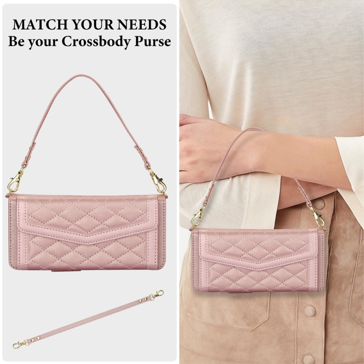 For Samsung Galaxy Z Fold5 Splicing Rhombic Texture Card Holder Phone Case with Lanyard, Not Included Pen(Rose Gold) For Samsung Galaxy Z Fold5 Splicing Rhombic Texture Card Holder Phone Case with Lanyard, Not Included Pen(Rose Gold)