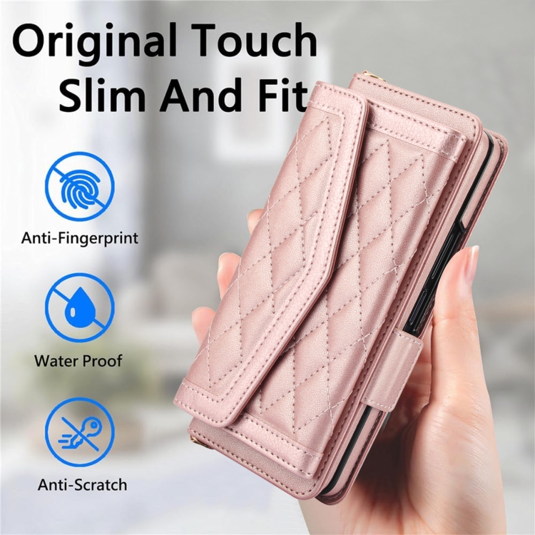For Samsung Galaxy Z Fold5 Splicing Rhombic Texture Card Holder Phone Case with Lanyard, Not Included Pen(Rose Gold) For Samsung Galaxy Z Fold5 Splicing Rhombic Texture Card Holder Phone Case with Lanyard, Not Included Pen(Rose Gold)